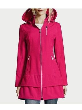 Betsey Johnson Peplum Softshell Rain Jacket Hooded Trench Coat Pink Womens Large